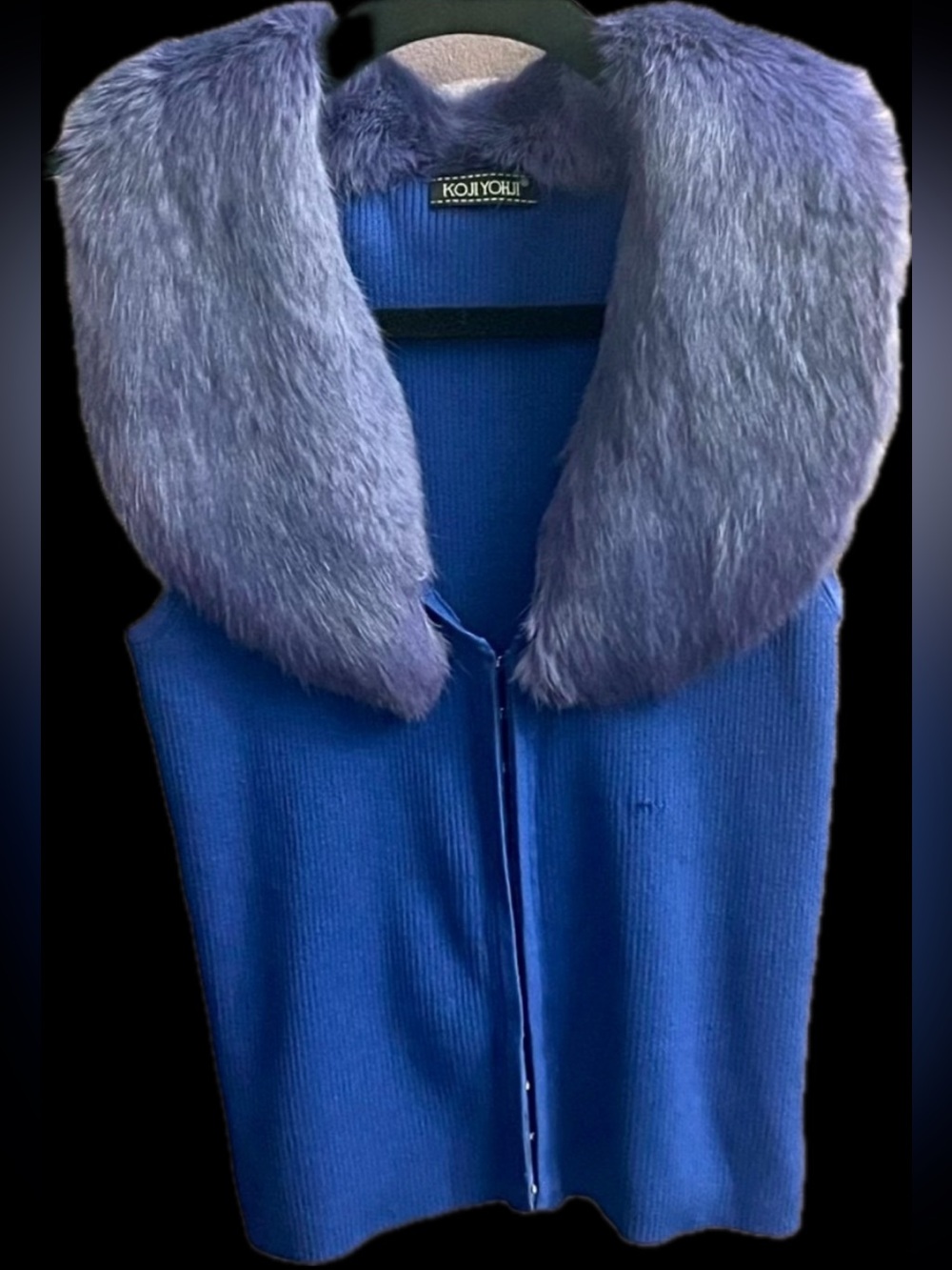 Bright Blue fur faux fox collar stretch tight sweater tank top ribbed vintage